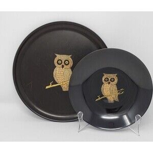 VINTAGE COUROC OF MONTEREY LOT BLACK OWL INLAY PLATE BOWL 1970s